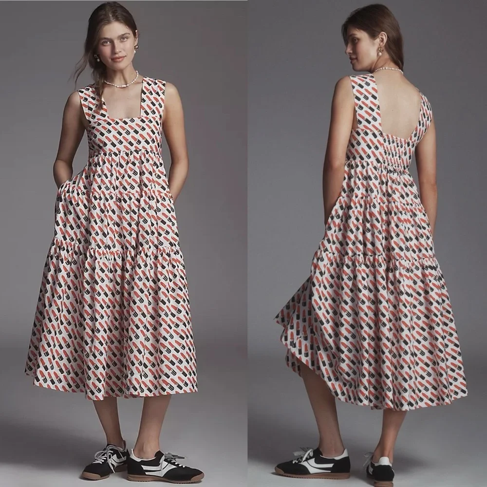 NWT Anthropologie The Helena Square-Neck Smocked Tiered Midi Dress Sz M - Picture 1 of 10